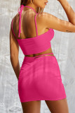 Pink Sexy Solid Hollowed Out Patchwork Frenulum Asymmetrical Collar Sleeveless Two Pieces