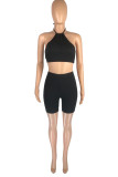 Pink Fashion Casual Solid Backless Halter Sleeveless Two Pieces