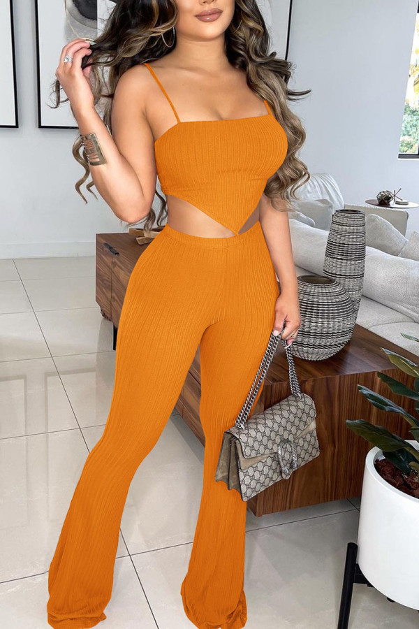 Tangerine Sexy Solid Patchwork Asymmetrical Spaghetti Strap Sleeveless Two Pieces