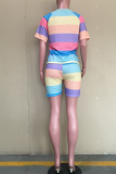 Colour Casual Striped Patchwork O Neck Short Sleeve Two Pieces