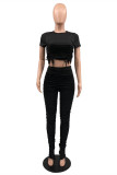 Black Fashion Casual Solid Bandage Fold O Neck Short Sleeve Two Pieces