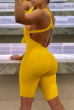 Yellow Sexy Casual Solid Backless One Shoulder Skinny Romper