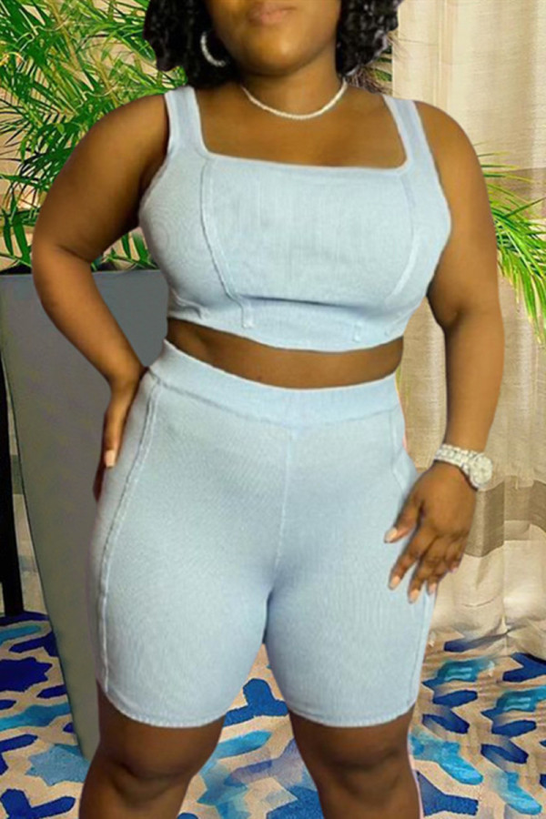 Sky Blue Casual Sportswear Solid Vests Square Collar Sleeveless Two Pieces