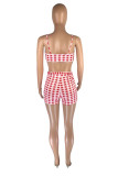 Red Fashion Sexy Plaid Print Backless Spaghetti Strap Sleeveless Two Pieces