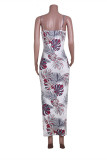 Rose Red Fashion Sexy Print Backless Slit Spaghetti Strap Sleeveless Dress
