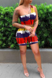 Rose Red Sexy Casual Print Backless One Shoulder Sleeveless Two Pieces