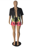 Black Fashion Casual Print Cardigan Turndown Collar Short Sleeve Two Pieces