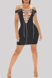 Sky Blue Sexy Solid Hollowed Out Backless Off the Shoulder Short Sleeve Dress