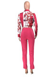 Rose Red Fashion Casual Print Bandage Slit Turndown Collar Long Sleeve Two Pieces