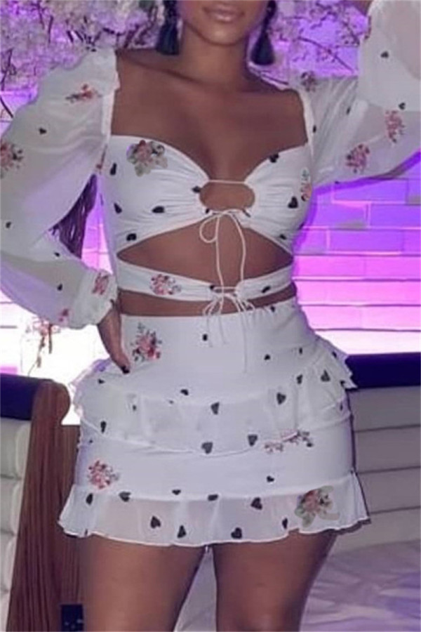 White Fashion Sexy Print Bandage Backless Square Collar Long Sleeve Two Pieces