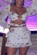 White Fashion Sexy Print Bandage Backless Square Collar Long Sleeve Two Pieces