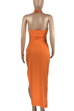 Orange Sexy Solid Hollowed Out Patchwork High Opening Halter Pencil Skirt Dresses