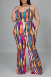 Multicolor Sexy Casual Striped Print Backless Spaghetti Strap Plus Size Jumpsuits