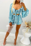 Blue Sexy Print Patchwork Square Collar Long Sleeve Two Pieces