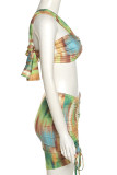 Green Sexy Print Bandage Hollowed Out Patchwork Fold Strapless Pencil Skirt Dresses