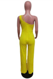 Yellow Sexy Casual Solid Backless One Shoulder Regular Jumpsuits