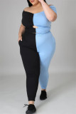 Blue Fashion Casual Patchwork Hollowed Out Off the Shoulder Plus Size Two Pieces