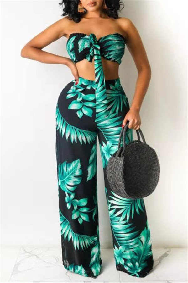 Black Sexy Casual Print Backless Strapless Sleeveless Two Pieces