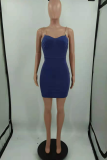 Deep Blue Sexy Solid Chains Spaghetti Strap Pencil Skirt Dresses