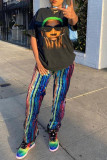 Turquoise Fashion Casual Print Basic Regular Mid Waist Trousers