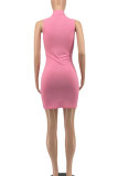 Pink Casual Solid Patchwork Zipper Half A Turtleneck Wrapped Skirt Dresses
