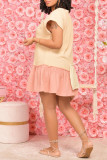 Apricot Fashion Casual Patchwork Buckle V Neck Short Sleeve Dress