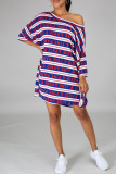 Red Blue Fashion Casual Print Basic Oblique Collar T-shirt Dress