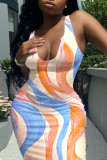 Orange Sexy Print Patchwork Spaghetti Strap A Line Dresses