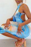 Light Blue Sexy Print Patchwork Half A Turtleneck Pencil Skirt Dresses
