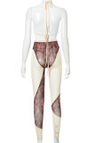 Apricot Sexy Print Patchwork Frenulum See-through Backless Halter Skinny Jumpsuits（Without Chains）