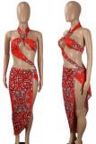Red Sexy Print Hollowed Out Patchwork Swimwears