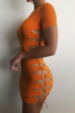Orange Sexy Solid Hollowed Out Split Joint Frenulum O Neck Short Sleeve Dress Dresses