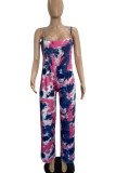 Red Casual Print Split Joint Spaghetti Strap Straight Jumpsuits