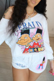 White Fashion Casual Print Basic Oblique Collar Long Sleeve Two Pieces