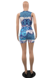 Peacock Blue Sexy Print Patchwork O Neck Sleeveless Two Pieces