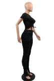 Black Fashion Casual Solid Bandage Fold O Neck Short Sleeve Two Pieces