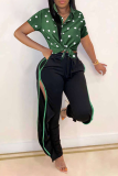 Green Casual Dot Patchwork Turndown Collar Tops