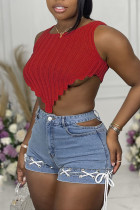 Red Sexy Solid Split Joint Asymmetrical O Neck Tops