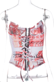 Red Sexy Print Patchwork Buckle Strapless Tops