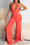 Purple Sexy Casual Solid Backless Slit Halter Regular Jumpsuits