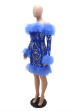 Blue Fashion Sexy Patchwork Sequins Off the Shoulder Long Sleeve Dresses