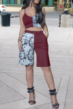 Grey Casual Print Patchwork Spaghetti Strap Sleeveless Two Pieces