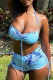 Blue Sexy Print Patchwork Tie-dye Swimwears