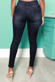 Blue Fashion Casual Solid High Waist Skinny Jeans