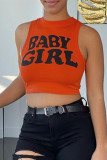 Orange Casual Letter Print Basic O Neck Tops