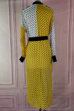 Yellow White Casual Print Polka Dot Patchwork Pocket Turndown Collar Shirt Dress Dresses