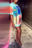 Light Blue Fashion Casual Print Basic O Neck T-Shirts