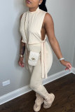 Cream White Fashion Casual Solid Bandage Fold Half A Turtleneck Sleeveless Two Pieces