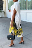 White Casual Print Patchwork Turndown Collar Shirt Dress Dresses