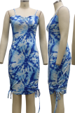 Yellow Sexy Patchwork Tie-dye Spaghetti Strap Pencil Skirt Dresses